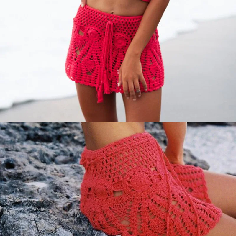 Beste Simenual Sexy Zomer Gehaakte Badmode Bloemen Boho Mini Rokken Transparante Pareos Beachwear Handgemaakte Hollow Out Korte Rok Kant