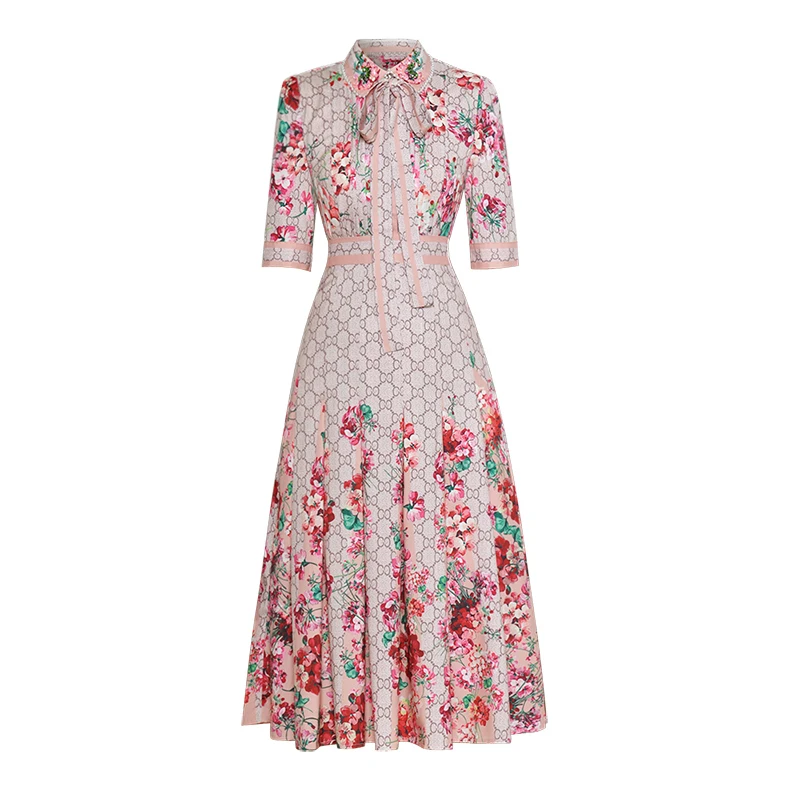 

Luxury Print Women Dress Fashion Turn-Down Collar A-Line Dresses
