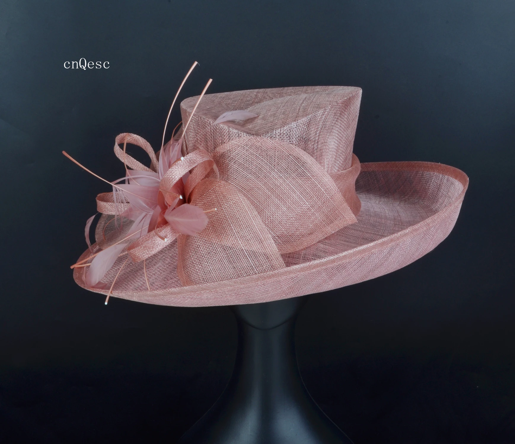 

NEW Blush pink Large brim Ladies Sinamay Hat wedding fascinator Kentucky Derby hat with Feathers flower for races church