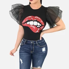 Summer Sexy O Neck Ruffles Short Sleeve Women Shirts 2019 Lips Printed Casual Lady Shirt Elegant Female Streetwear Fashion Tops