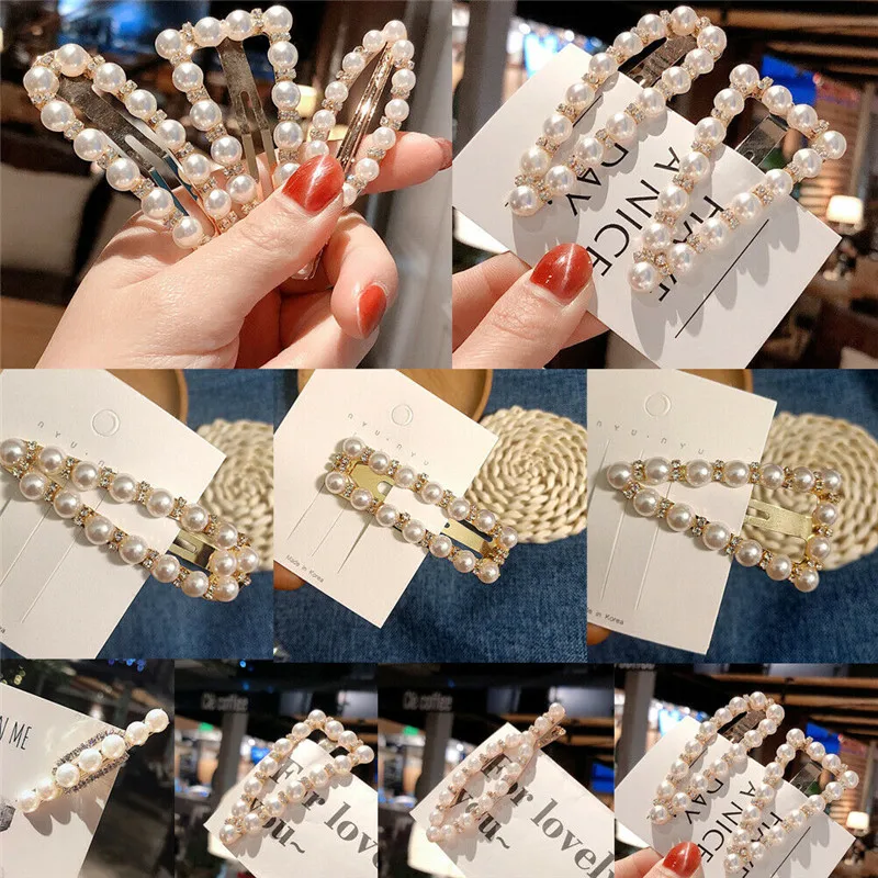 

2019 Ladies Summer Top Fashion Elegant Pearl Crystal Hair Clip Side Snap Barrette Bobby Hairpins Trendy