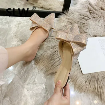 

luxury crystal decorate bow pointed toe mules shoe female low heel slides spring summer lazy slippers woman big size shoes