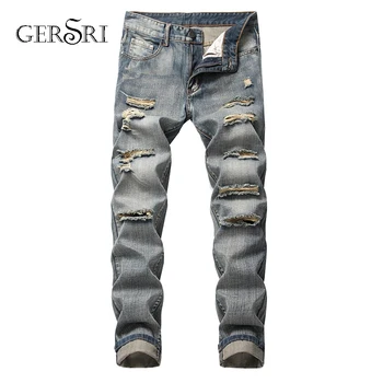 

Gersri Hole Ripped Men Jeans Light Blue Slim Straight Denim Fashion Jeans Men destroyed Brand Biker Jeans male