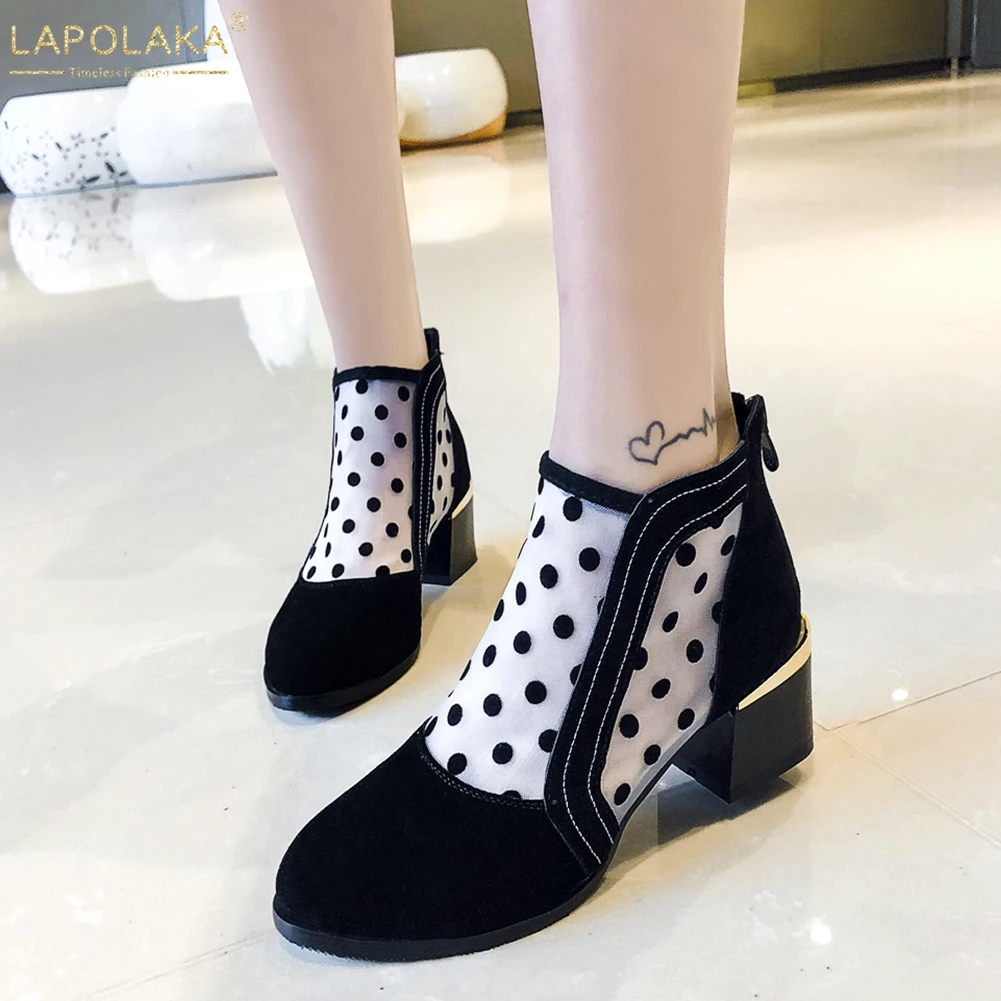 

LAPOLAKA Cow Suede Fashion Square Heels Air Mesh Summer Boots Woman Shoes INS Hot Shoes Woman Boots Female Booties