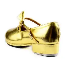 Обувь для танцев из блестящей лакированной кожи золотого цвета с бантиком и алюминиевой пластиной; Танцевальная обувь для женщин и девушек