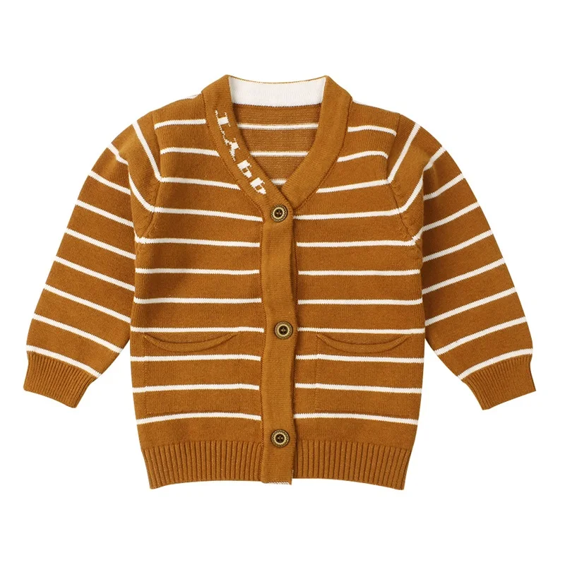 Полосатый хлопковый Детский свитер; Повседневный вязаный кардиган для новорожденных; свитер с длинными рукавами и v-образным вырезом для мальчиков; весенние свитера для младенцев - Цвет: Camel