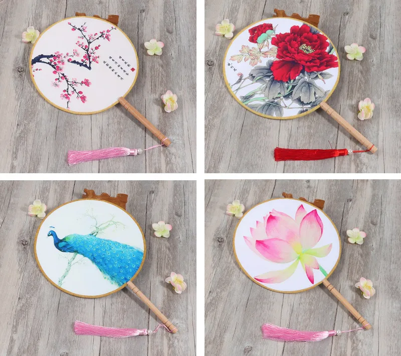 

Double side Fancy Round Circle Silk Fan Traditional Handle Chinese Fan Decor Dance Ethnic Costume Handheld Personal Fan Gift