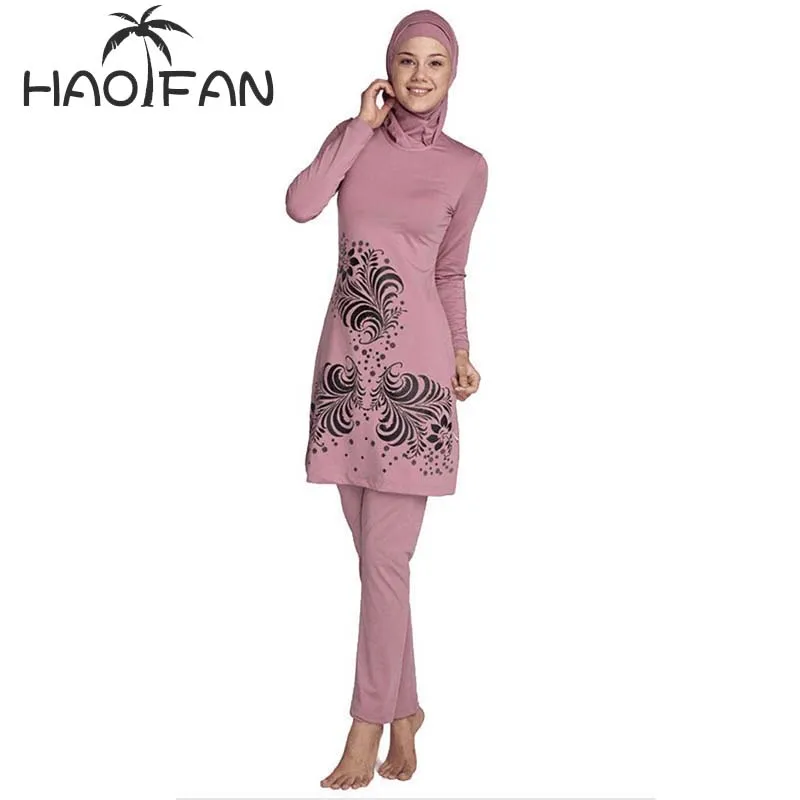 

HAOFAN 2018 Plus Size Muslim Swimwear Women Modest Floral Print Full Cover Swimsuit Islamic Hijab Islam Burkinis Beachwear Bath