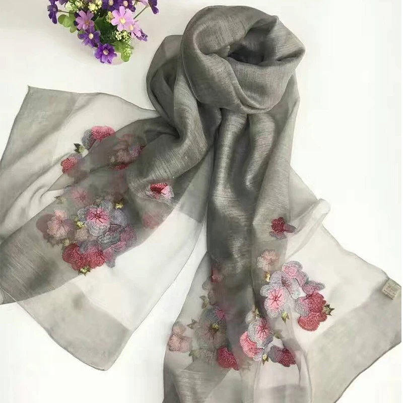 

Sparsil Women New Design Silk Scarf 190cmX80cm Floral Embroidered Long Shawl Fashion All Match Ladies Wraps High Quality