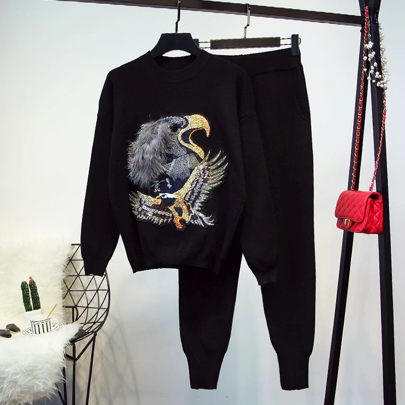 

High Quality Women's Sweater Sets Top+Long Pants Knitted Tracksuit Sweat Suit Winter Casual Embroidery 2 Two Piece Women Set 111