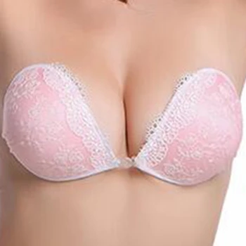 

New Lace Bras Women Push Up Silicone Backless Strapless Invisible Lace Bras Underwear For Bikini Wedding Pink/White