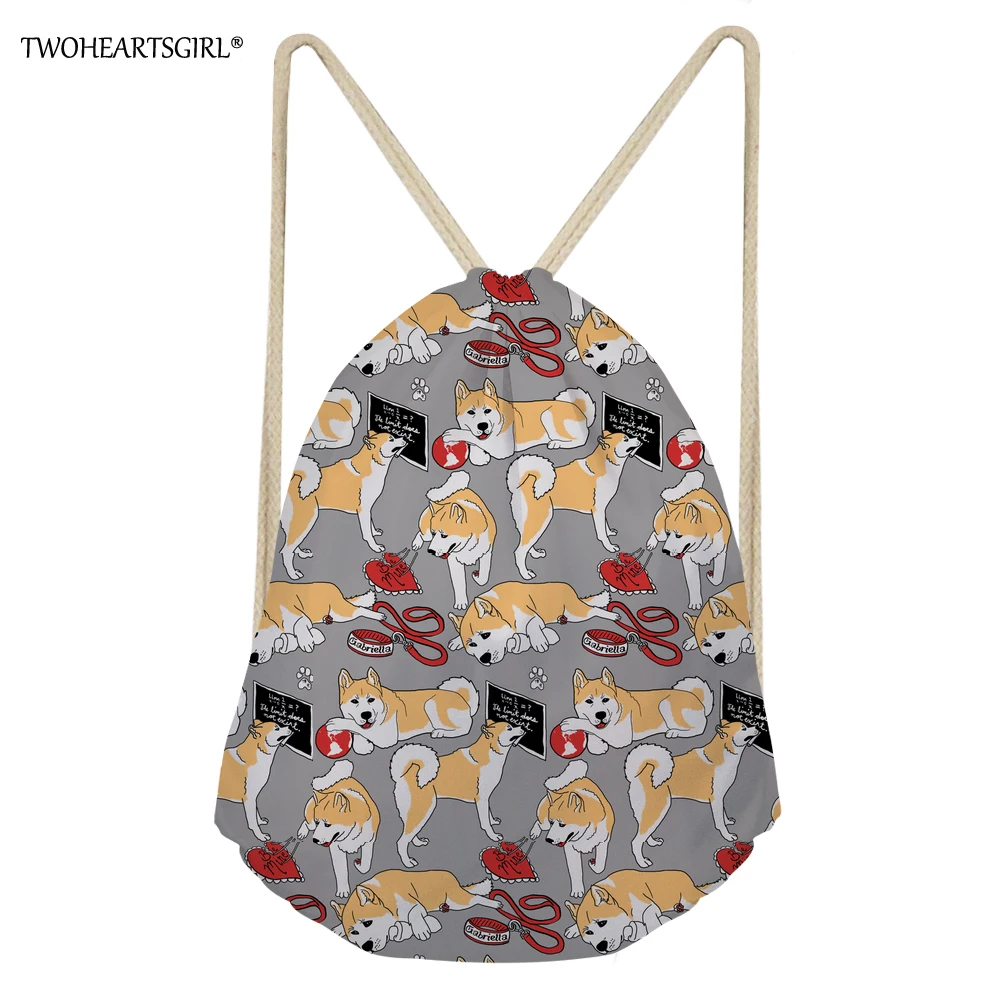 Twoheartsgirl Cute Akita Print Drawstrings Bags for Women Kids Kawaii Softback Storage Daily String Backpacks Ladies Beach Bag | Багаж и