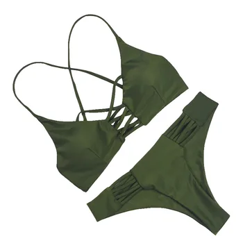 

2019 Women Bandage Thong Brazilian Bikinis Swimwear Female Sexy Green Bandeau Push Up Swimsuit Bikini Set Beachwear Biquini