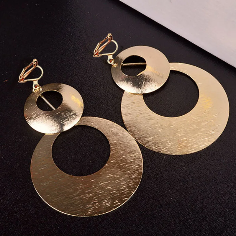 

JIOFREE New Design hyperbole Large Double Circle Clip on Earrings Non Piercing for Women Party Wedding Elegant Accessories