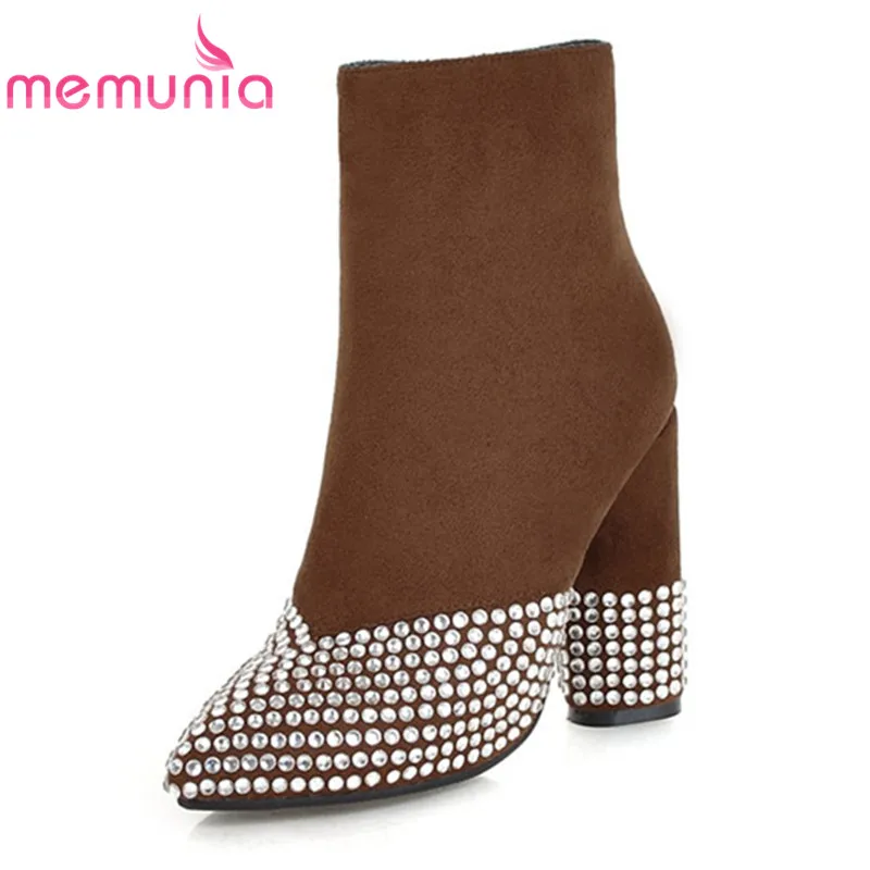

MEMUNIA NEW arrival winter boots women 2020 pointed toe zip ankle boots with rhinestone thick heels boots unique party shoes