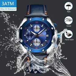 Relogio Masculino MEGALITH спортивный хронограф часы мужские Военная Униформа водостойкий синий кожаный Аналоговый кварцевые Wristswatch для человека
