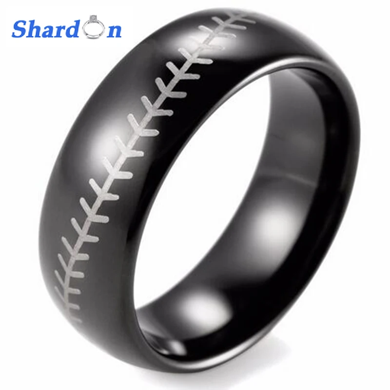 

SHARDON Mens ring 8mm Dome Tungsten Carbide Baseball Stitch design ring with laser Rings for man 3 colors Free shipping