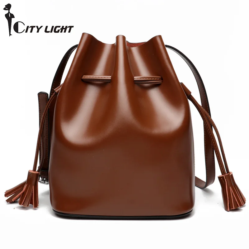 

High Quality Genuine Leather Women Bag Bucket Shoulder Messenger Bags Solid Large Capacity Top-handle Bags Vintage