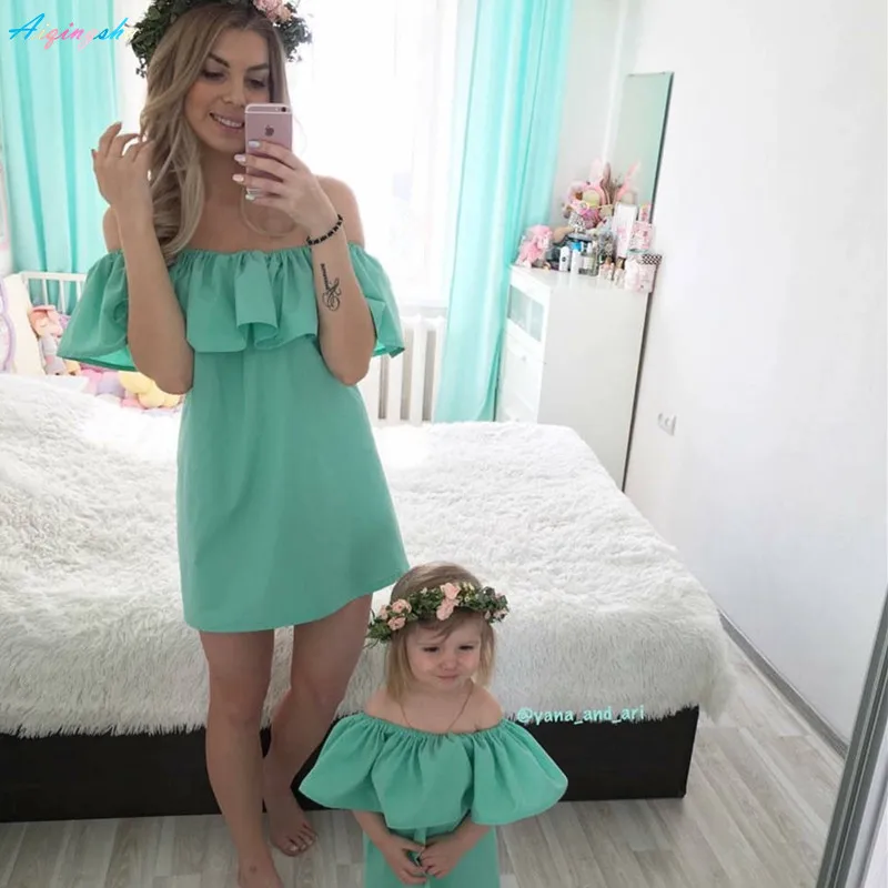 Family Matching Outfits Mommy and Me Mother Daughter Dress Off Shoulder Ruffles Sleeve Mom for Mum Baby Sets | Мать и ребенок