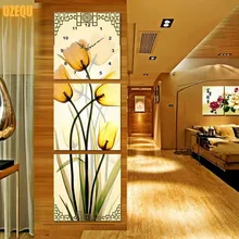 UzeQu Triptych 5D DIY Diamond Painting Cross Stitch Wall Clock Tulips Flower Diamond Embroidery Full Diamond Mosaic Rhinestones