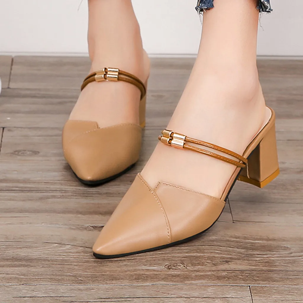 

2019 Women's Slippers High Heels Ladies Summer Beach Casual Shoes Pointed Toe Fashion Leather Slipper Casual Mujer Slides