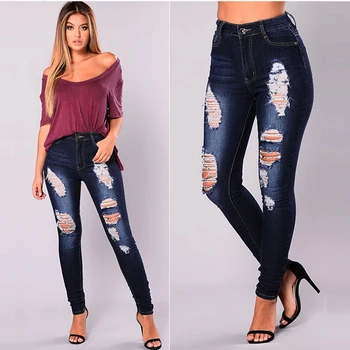 

2018 Long casual ripped Jeans Women Basic Classic High Waist Skinny Pencil Blue Denim Pants ripped hole Elastic Stretch Jeans