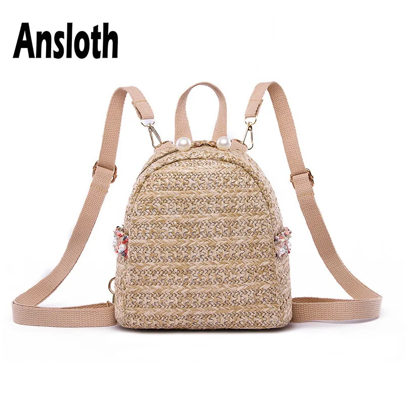 

Ansloth Straw Backpacks For Women Summer Bags 2019 Lady Pearl Backpacks Small Bohemian Style Beach Bags Female Soft Bags HPS529