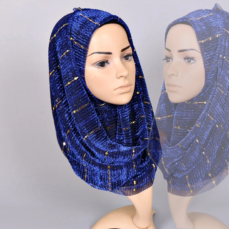 Модная блестящая длинная шаль, шарф, свадебная вуаль для женщин, вискоза, блестки, морщинка, люрекс, повязка на голову, Исламские мусульманские хиджабы, Ультралегкая