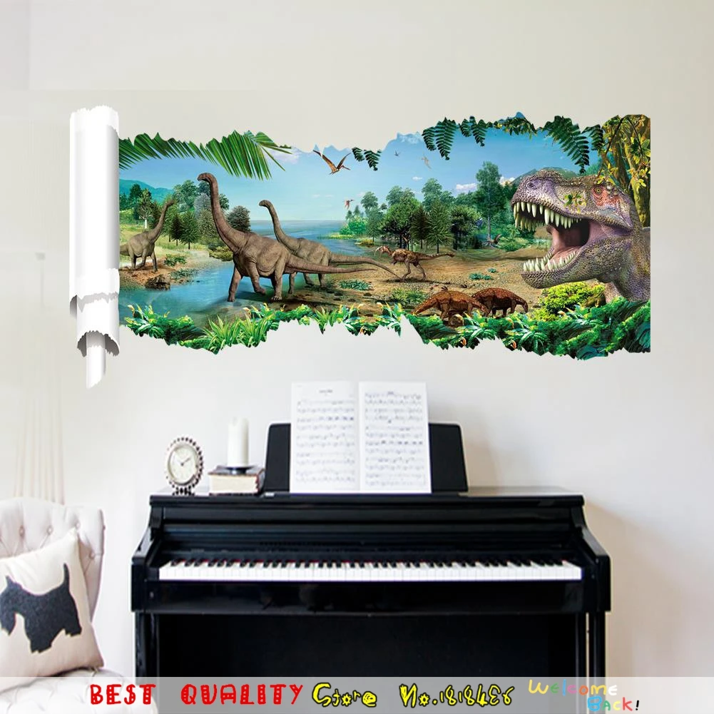 3d Real Dinosaurs Through Wall Sticker Jurassic Park Wallpaper