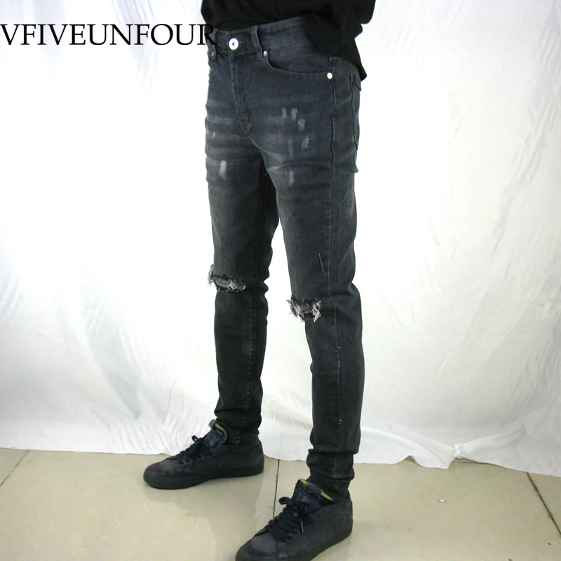 

VFIVEUNFOUR Harajuku 2019 Men Casual Slim Jeans Stretch Vintage Damaged Knee Denim Jeans Elastic High Street Hole Slim Jeans