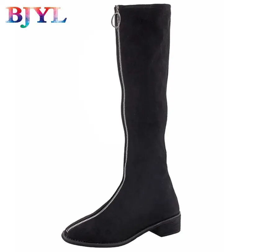 

BJYL 2018 autumn and winter fashion front zipper thick with knight boots female high boots riding boots skinny boots
