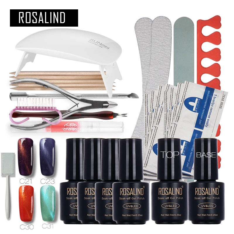

ROSALIND Magnet Cat Eyes Nail Art Tools Cure 6W UV Lamp Gel Polish Soak Off Base Coat Top Coat Nail Gel Manicure Kits Gel