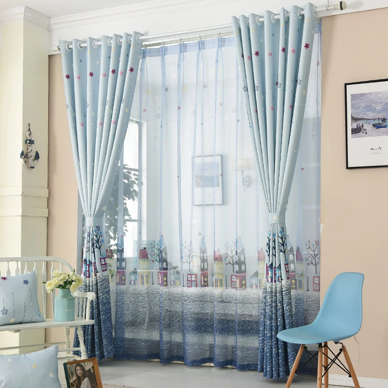 Cartoon Tree Castle Printed Window Curtains for Children Kids Bedroom Living Room Sheer Window Drapes Blue Color