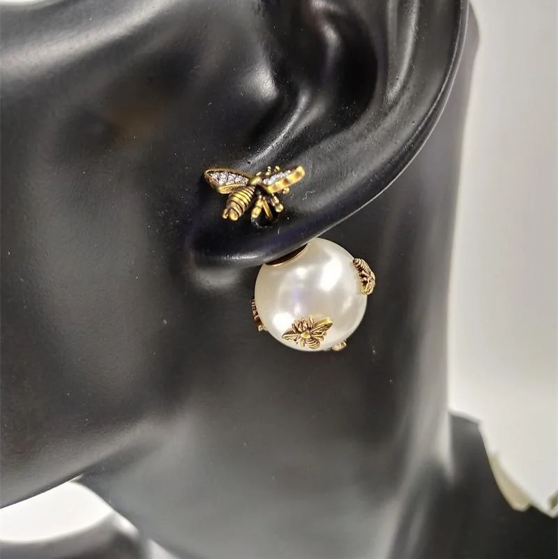 

Fashion Small bee earring stud with large pearl front and back earrings for women kolczyki kupe