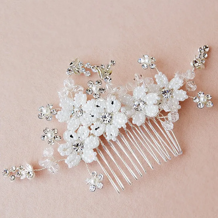 Dower me Pretty Silver Beaded Flower Wedding Hair Comb Accessories