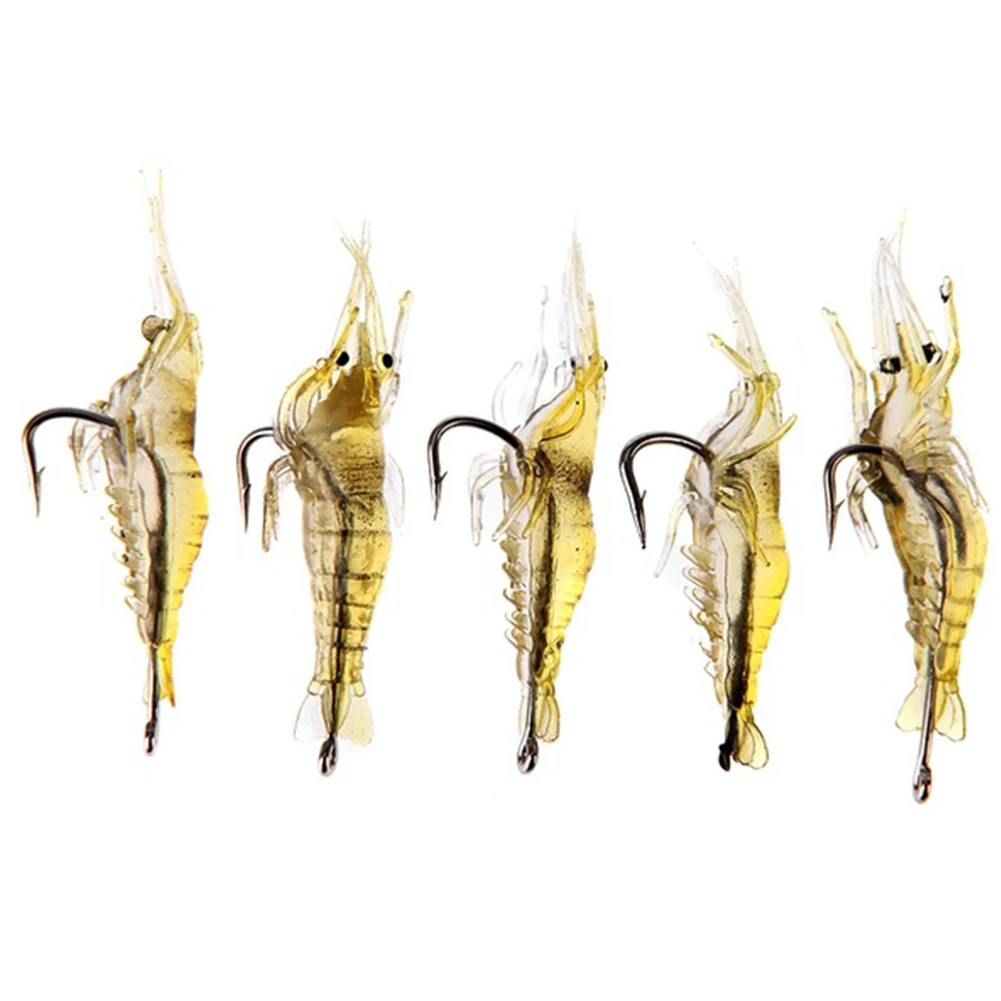 5 шт./лот, Мягкая силиконовая имитирующая рыболовная приманка, креветка, приманка в виде креветки, искусственная приманка с вертлюжным желтым запахом рыбы, один крючок 4 см - Цвет: noctilucent