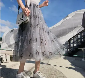 

2018 new embroidered mesh skirt high waist double skirt long solid color A-Line big swing fashion Laptop skirt