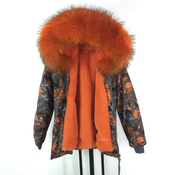 

Winter New Design Orange Women Bomber Jacket Big Raccoon fur hooded Printing Bombers