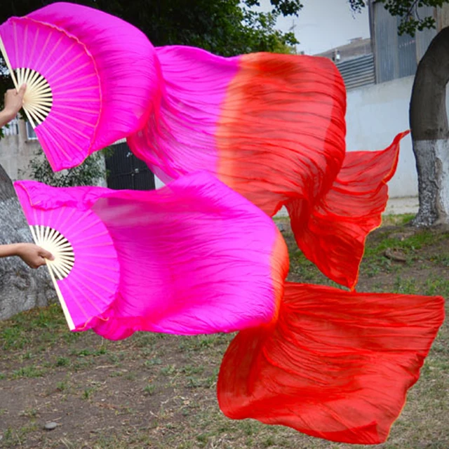 Unisex 100% Real/Imitation Silk Belly Dance Fans Hand Belly Dancing Fans Handmade Hand Dyed Silk Chinese Dance Veil Fan 180x90cm as picture-12