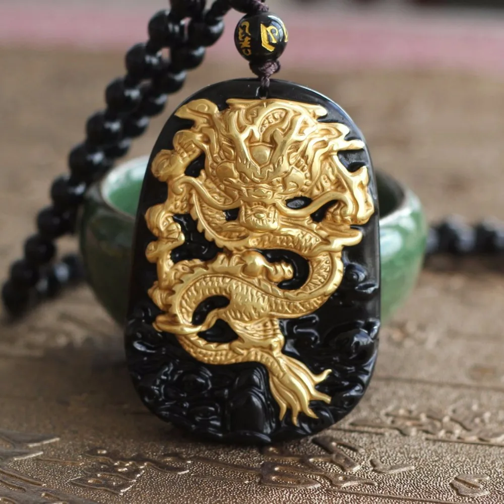 Wholesale Gold Natural Black Obsidian Carving Dragon Lucky Amulet Pendant For Women Men pendants ...