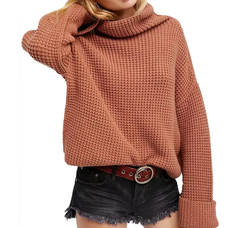 Европейский и американский стиль, повседневный пуловер с воротником средней длины, длинный рукав, массивный однотонный мешковатый вязаный