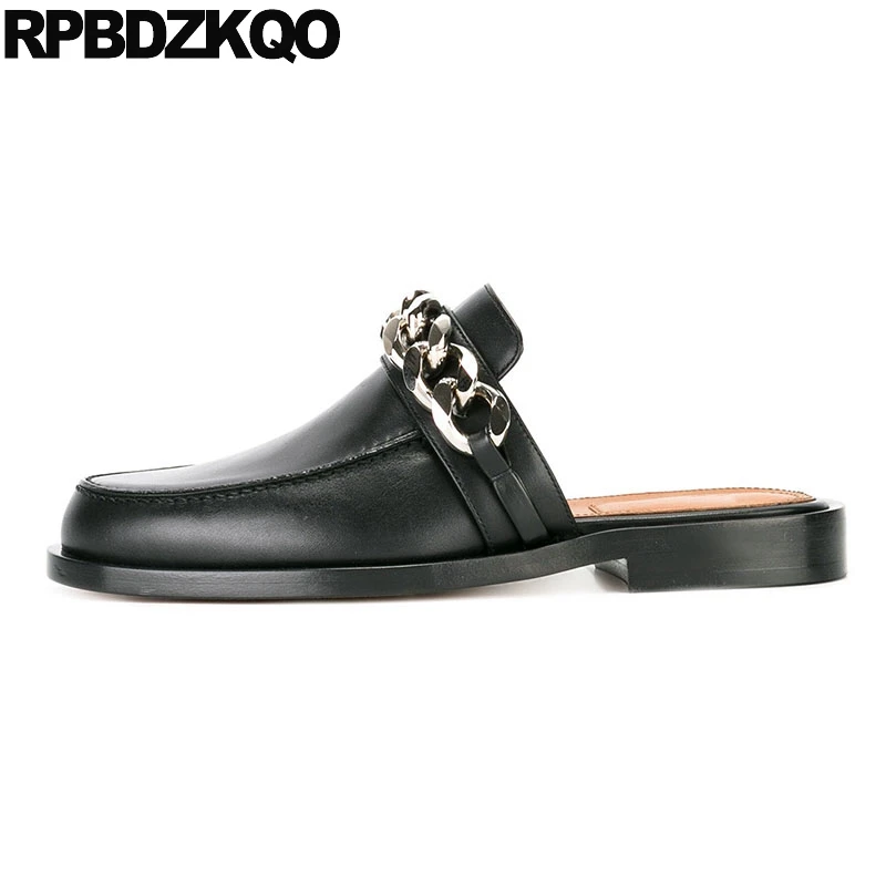 

Metal Flats Sandals Genuine Leather Chain Black Chic High Quality Slippers Slides Summer Designer Shoes Women Luxury 2018 Mules