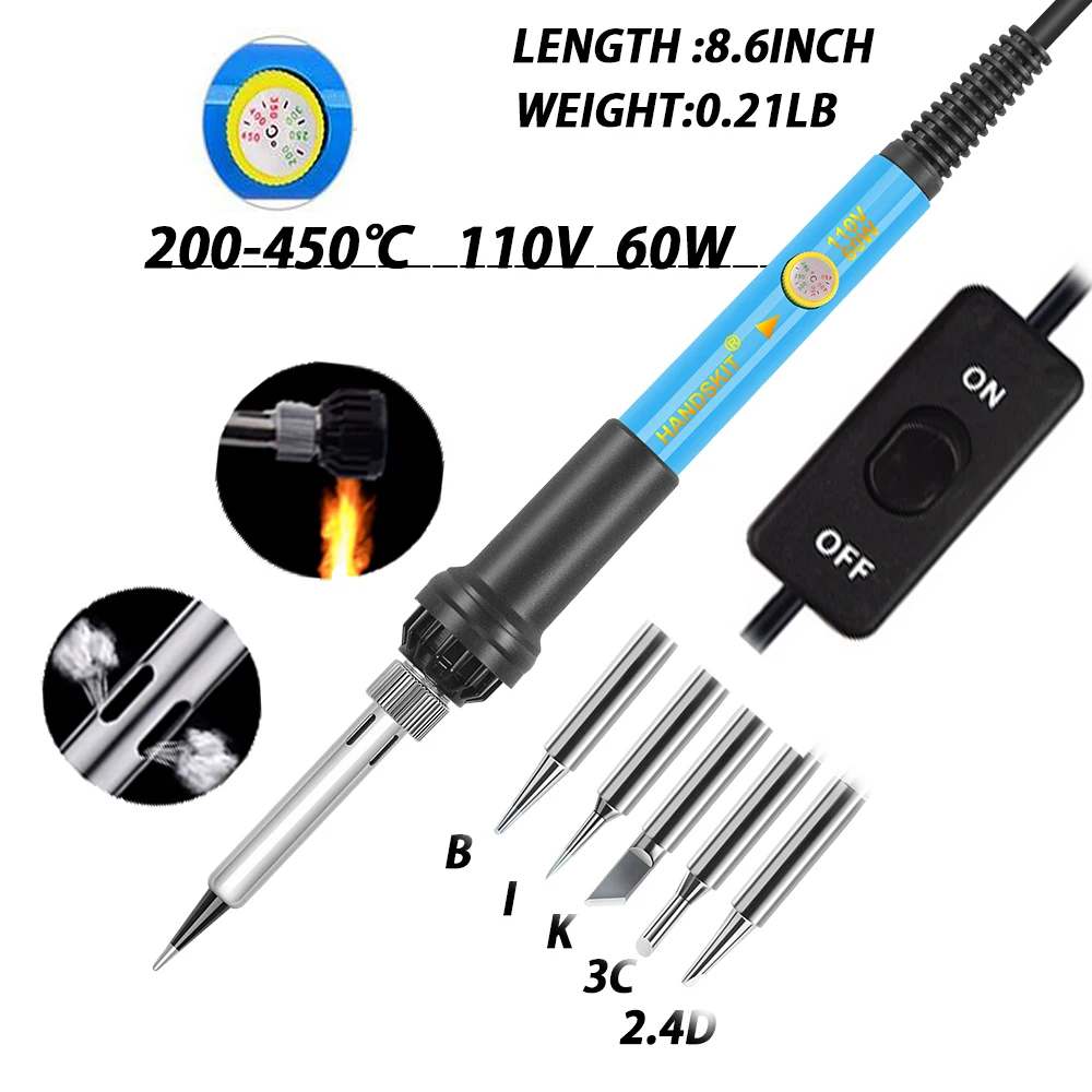 60w 110V 220V EU Electric Adjustable Temperature Soldering Iron Kit With ON/OFF 5 Tips Desoldering Pump Solder Wire Tweezers bag
