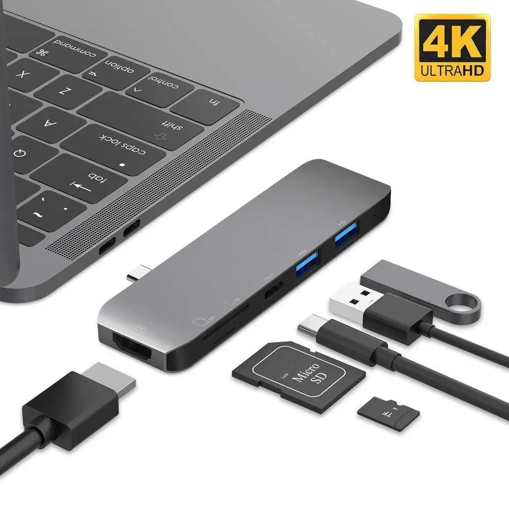  USB C Hub Adapter with 4K HDMI Output/Thunderbolt 3/SD TF Card Reader/2 USB 3.0 Ports for MacBook P
