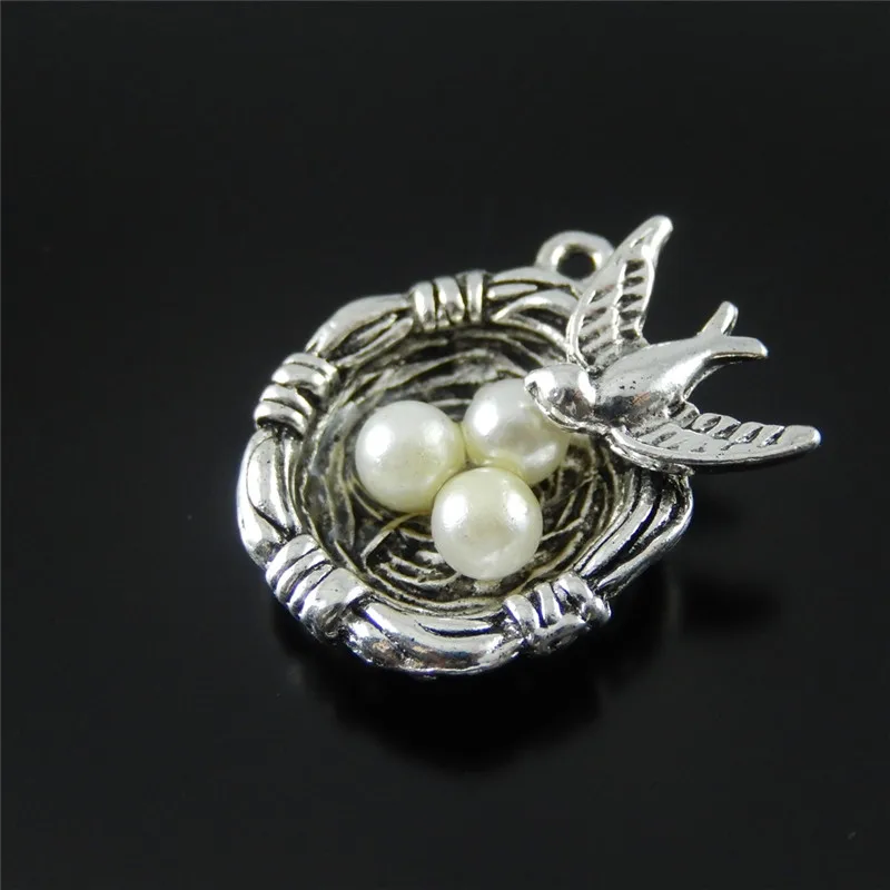 

JulieWang 5PCS Mini Charm Alloy Retro Silver Plated Bird's Nest with ABS Greated Pearl Pendant Charms Handmade Hanging Tops