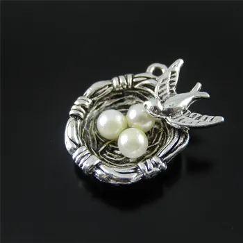 

JulieWang 5PCS Mini Charm Alloy Retro Silver Plated Bird's Nest with ABS Greated Pearl Pendant Charms Handmade Hanging Tops