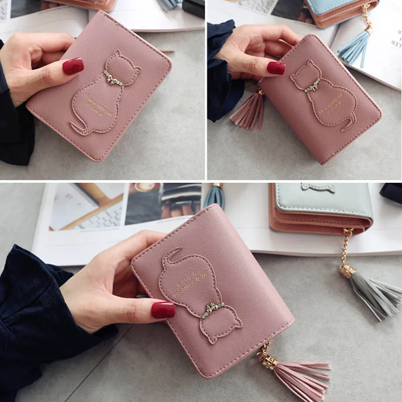 

Hot Selling Women Tassel Short Cat Wallet Zipper Coin Purse Small Change Card Holder Purse -B5
