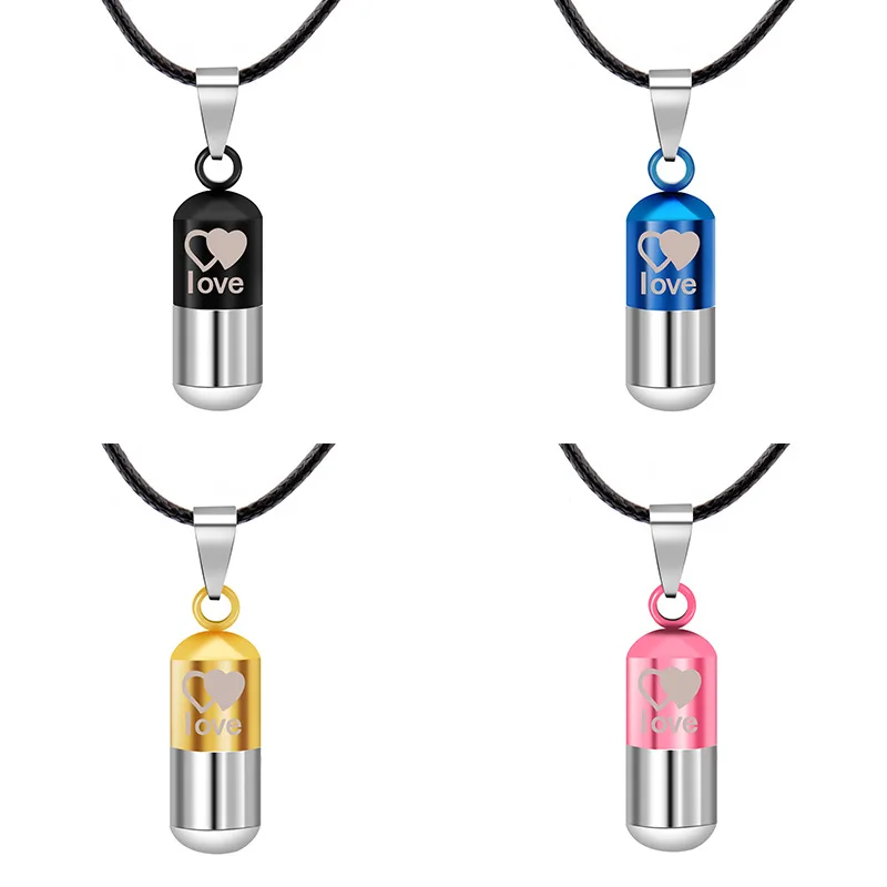1PC Stainless Steel Pill Shaped Pendant Charms Necklace Multi colors I love Essential Oil Bottle
