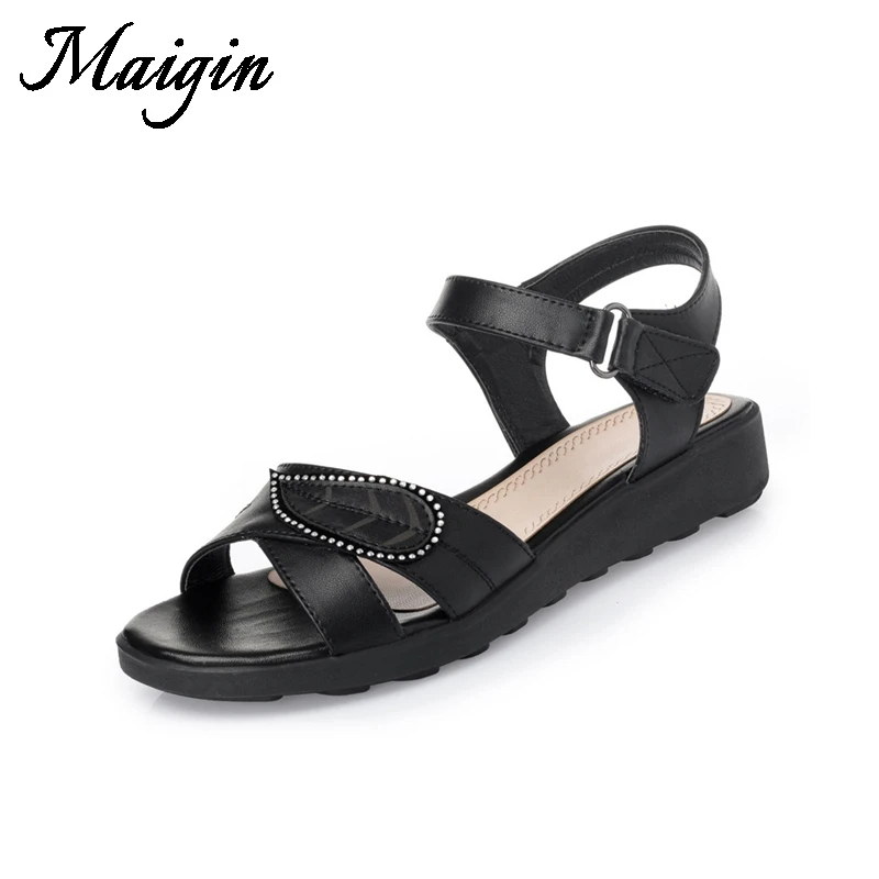 Maigin 2018 Genuine Leather Sandals Women Open Toe Wedge Sandals High Quality Crystal Summer Shoes Low Heel Ladies Shoes