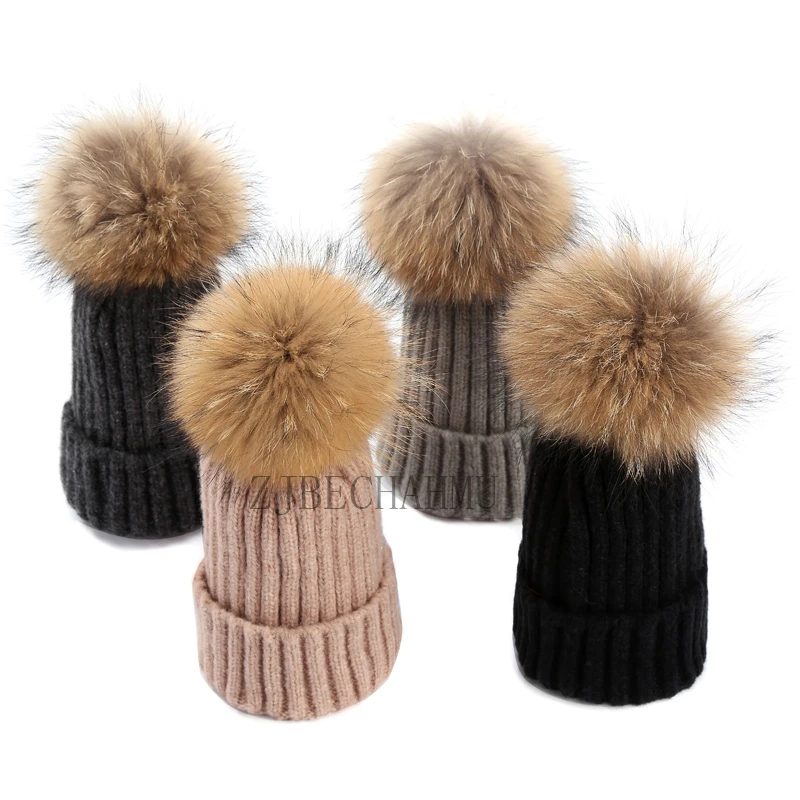 Модные новые помпоны из натурального Лисьего меха и норки, 15 см, Skullies Beanies, шапка для женщин и девушек, зимние шапки, одноцветные шерстяные теплые шапки Skullies Beanies, шапка